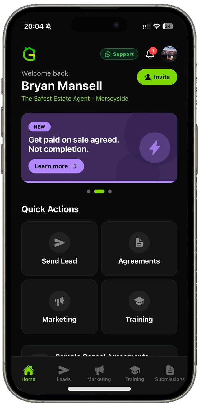 Gazeal agent dashboard with branch tools and quick actions