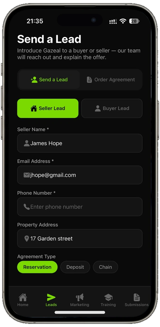 Gazeal Send a Lead screen with seller and property details