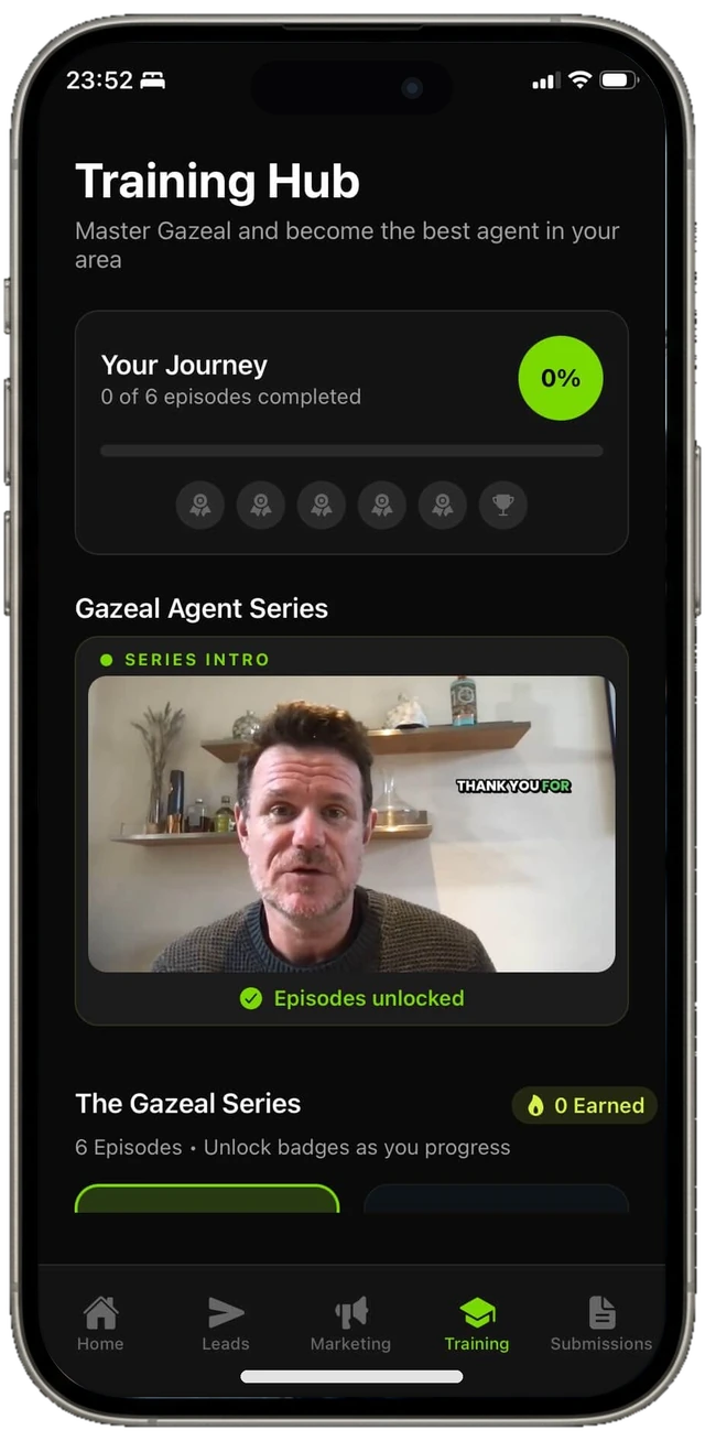 Gazeal Training Hub showing the agent series and learning progress