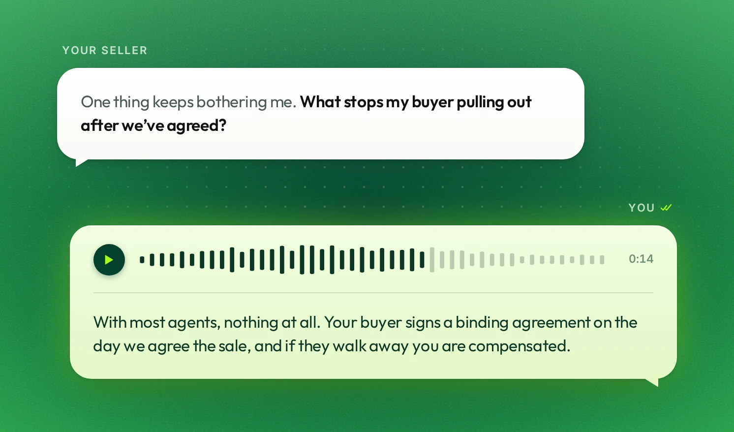 A seller asks what stops their buyer pulling out, and the agent answers that the buyer signs a binding agreement.